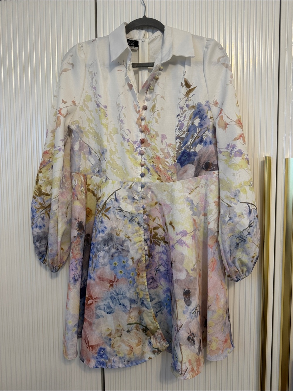 Dalia MacPhee Pastel Watercolor Floral Collared Mini Dress - White Multi